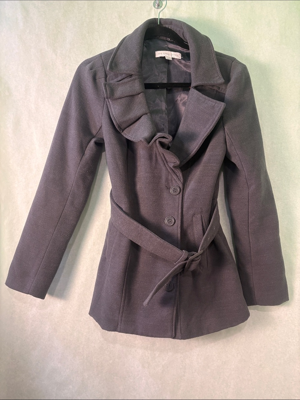 New York & Company Charcoal Ruffle-Collar Belted Peacoat